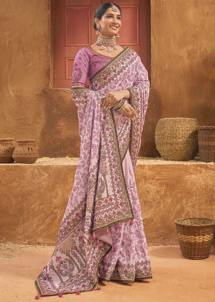 Baby Pink Embroidered Saree with Kacchi Work