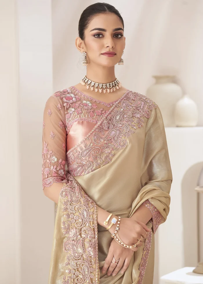 Beige Embroidered Chiffon Saree with Pink Blouse