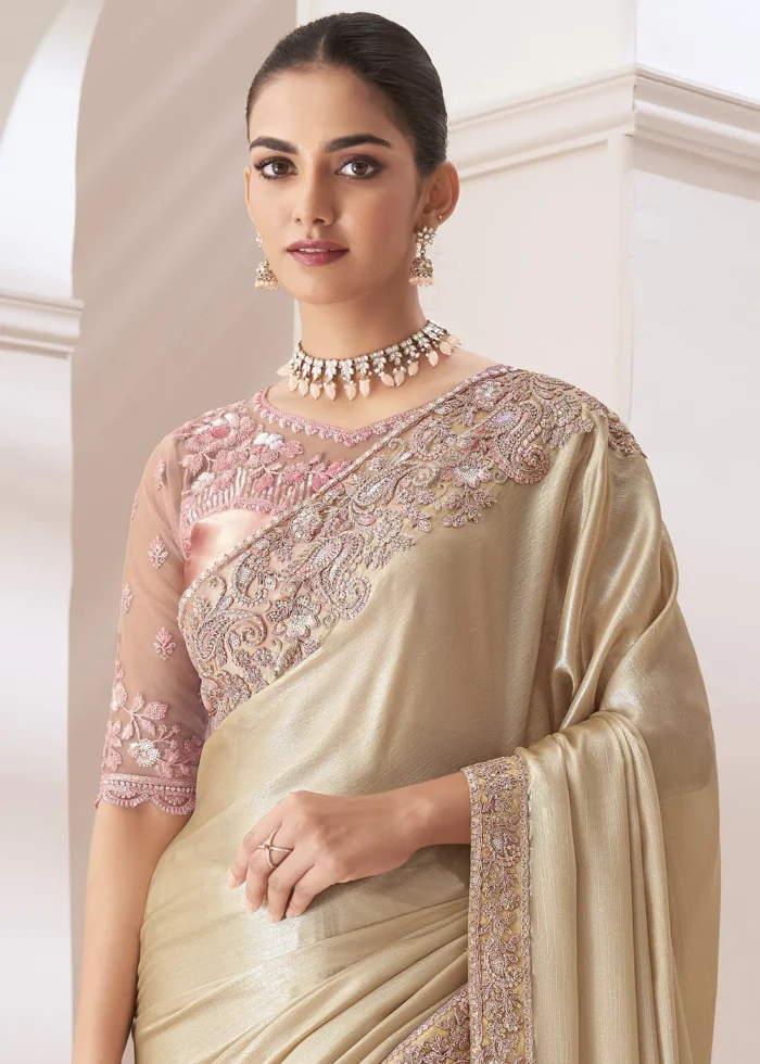 Beige Embroidered Chiffon Saree with Pink Blouse