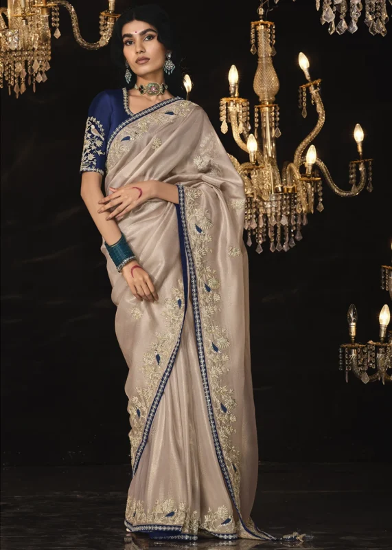 Beige Embroidered Silk Saree with Embroidered Blouse