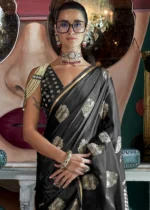 Black Banarasi Satin Saree with Brocade Blouse