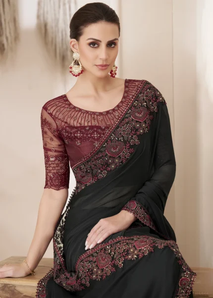 Black Embroidered Chiffon Saree with Maroon Blouse