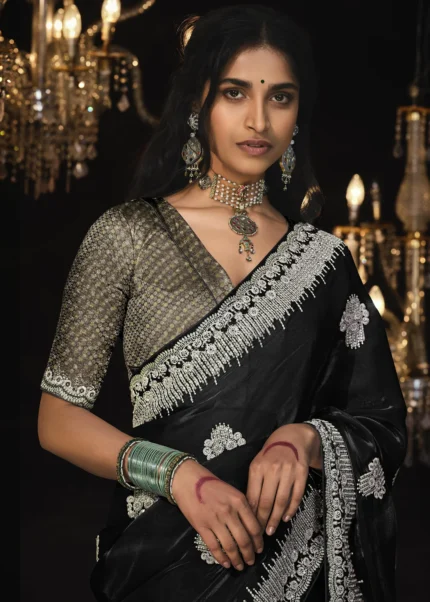 Black Embroidered Tissue Silk Saree with Brocade Blouse