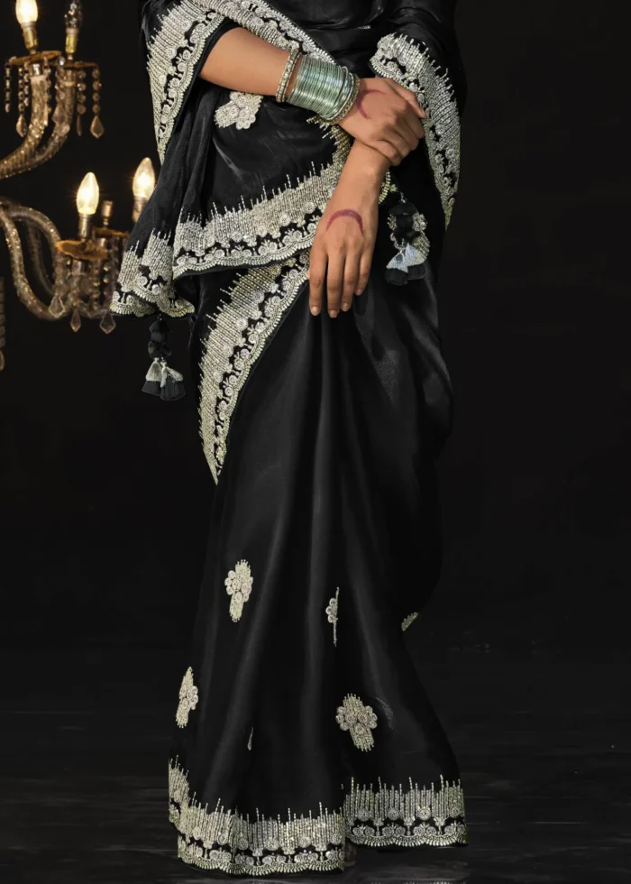 Black Embroidered Tissue Silk Saree with Brocade Blouse