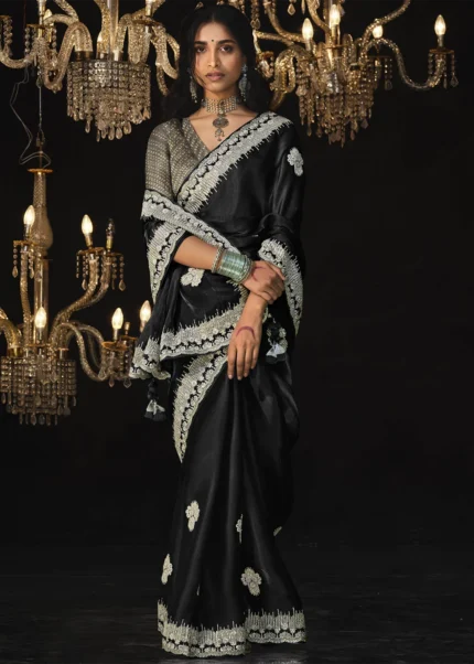 Black Embroidered Tissue Silk Saree with Brocade Blouse