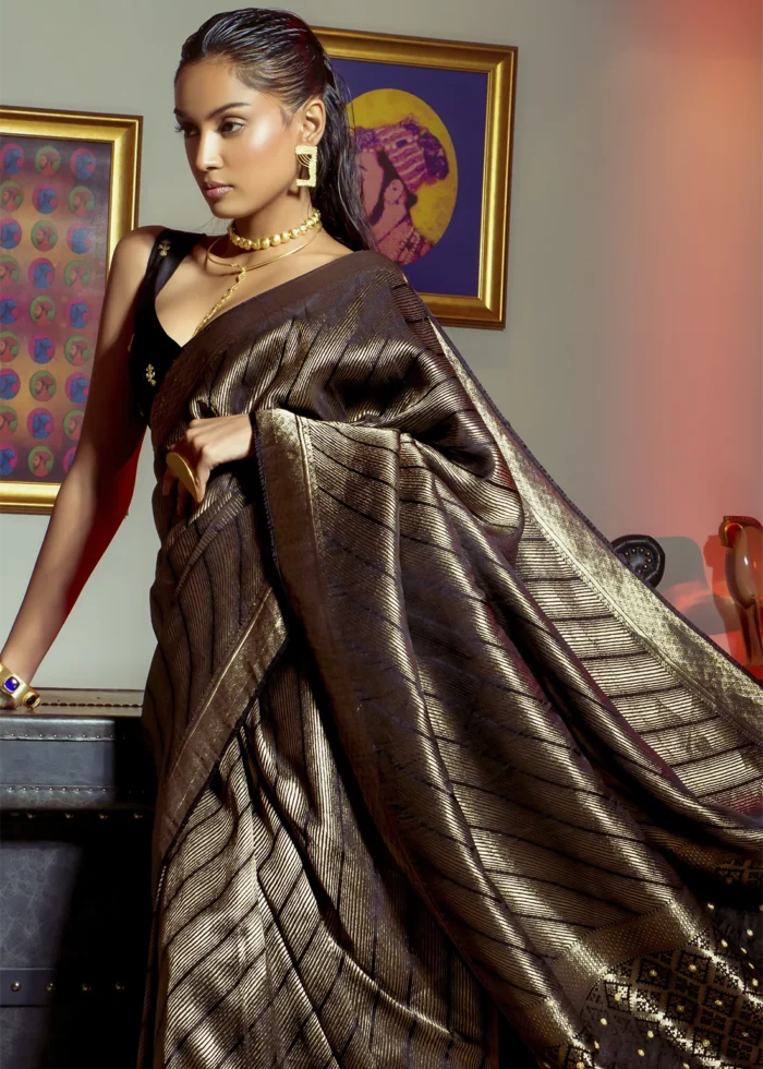 Black Kanjivaram Satin Silk Saree with Pearl Work