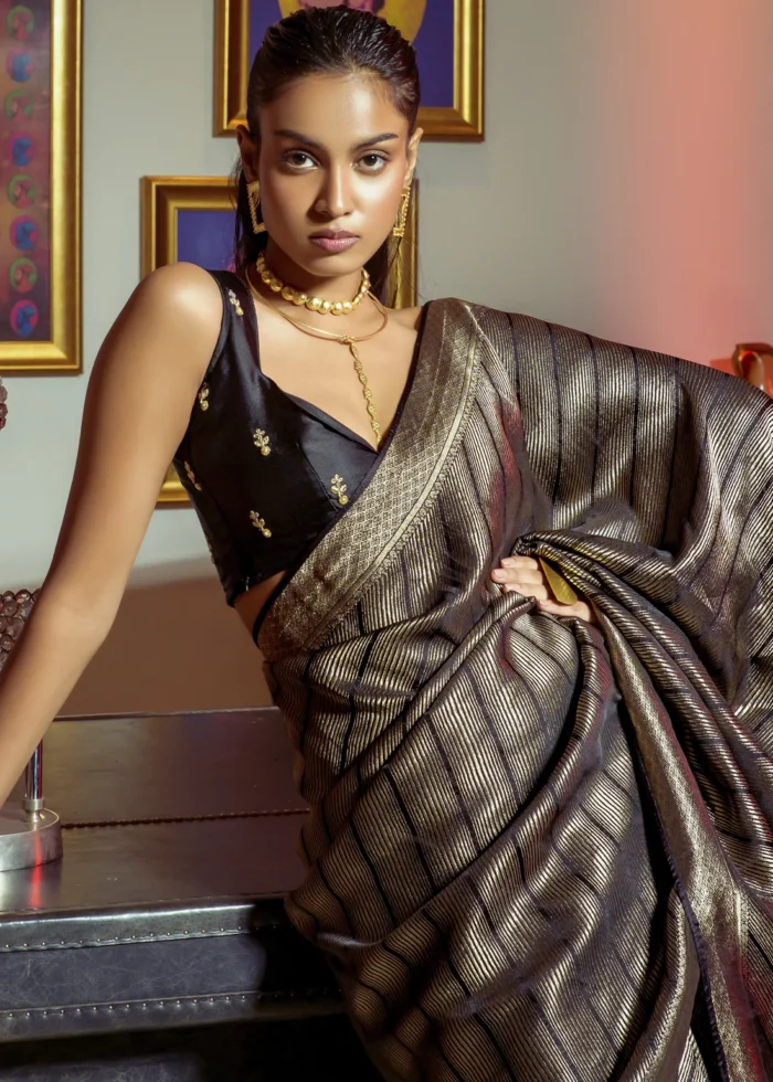 Black Kanjivaram Satin Silk Saree with Pearl Work