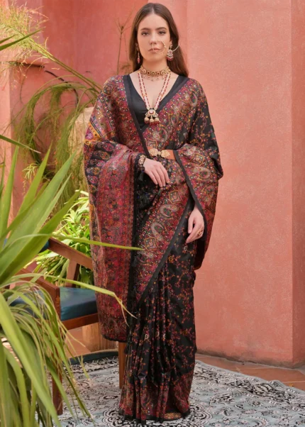 Black Kashmiri Jamawar Pashmina Saree