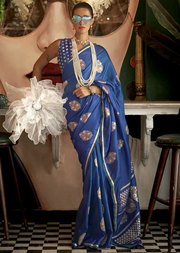 Blue Banarasi Satin Saree with Brocade Blouse