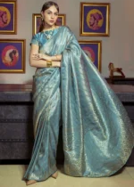 Blue Kanjivaram Satin Silk Saree with Pearl Work