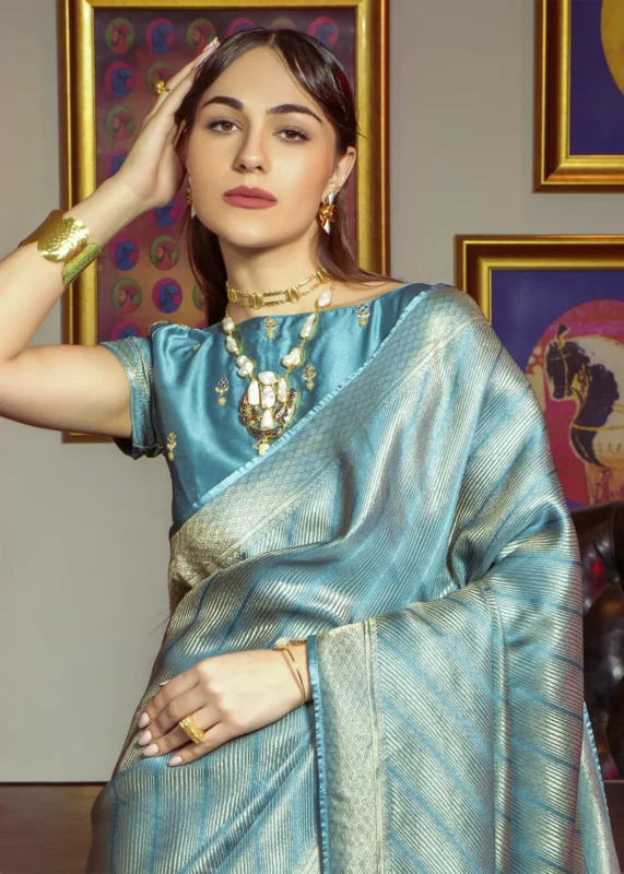 Blue Kanjivaram Satin Silk Saree with Pearl Work