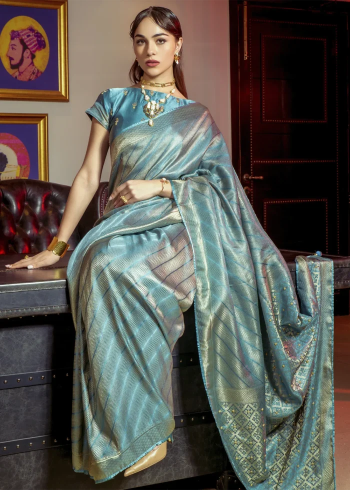 Blue Kanjivaram Satin Silk Saree with Pearl Work