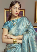 Blue Kanjivaram Satin Silk Saree with Pearl Work