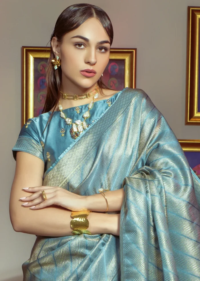 Blue Kanjivaram Satin Silk Saree with Pearl Work