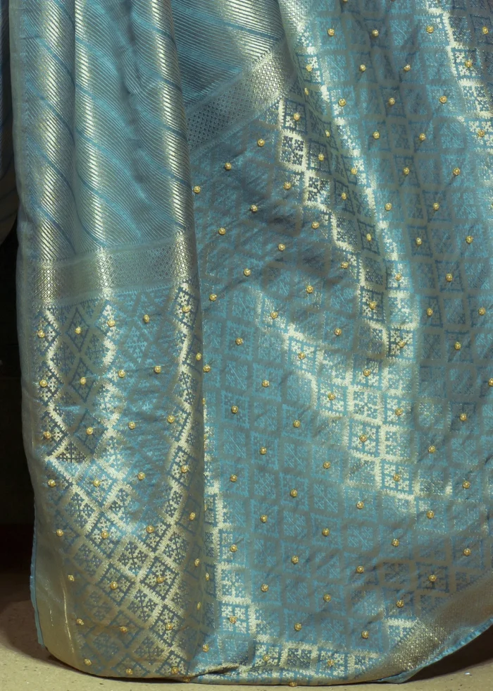 Blue Kanjivaram Satin Silk Saree with Pearl Work