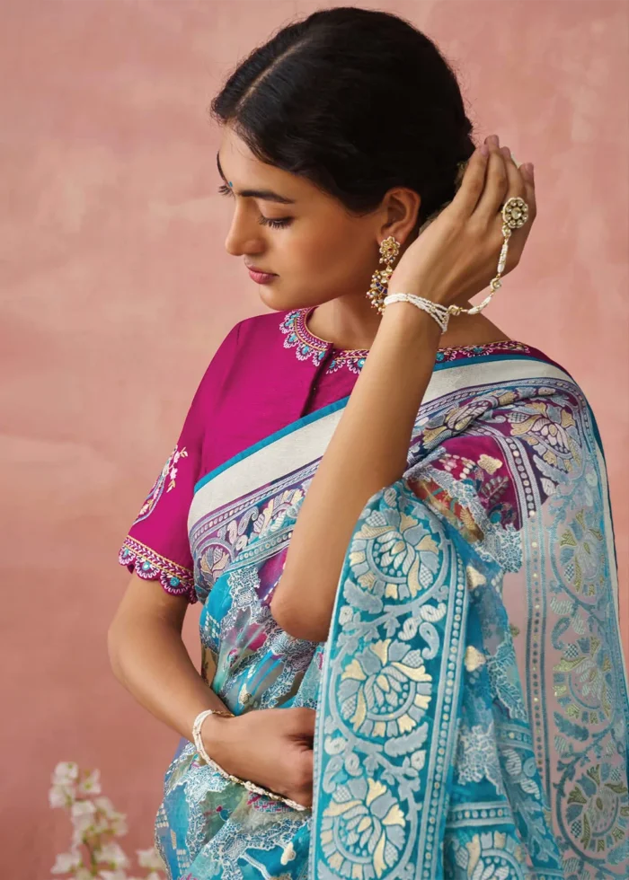 Blue Woven Organza Brasso Saree