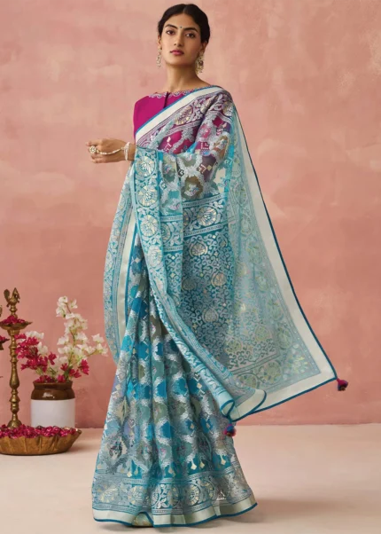 Blue Woven Organza Brasso Saree