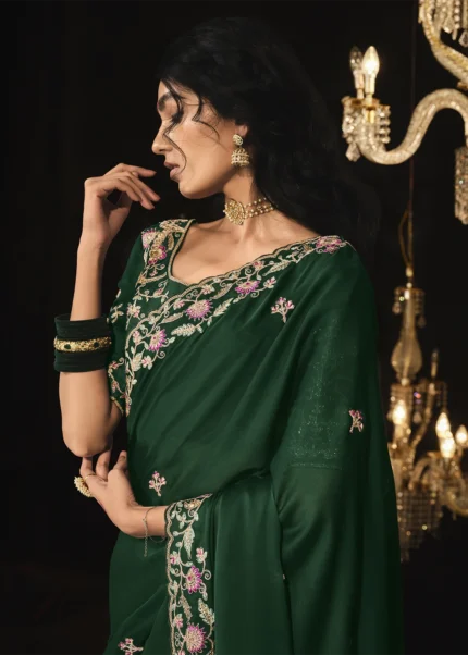 Bottle Green Embroidered Silk Saree with Embroidered Blouse