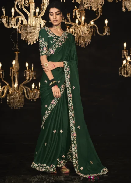 Bottle Green Embroidered Silk Saree with Embroidered Blouse