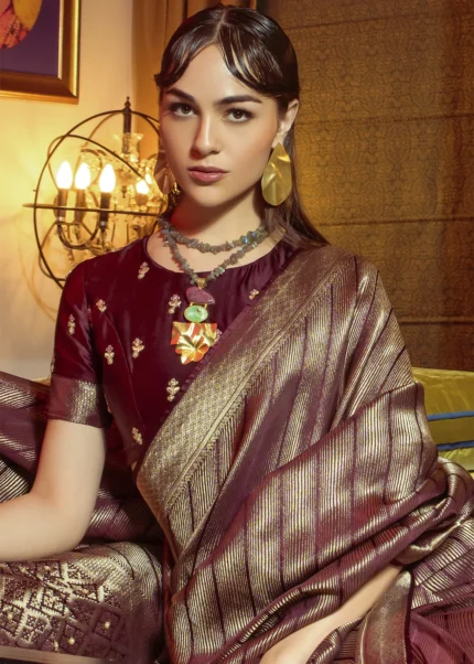 Burgundy Kanjivaram Satin Silk Saree with Pearl Work