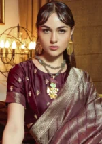 Burgundy Kanjivaram Satin Silk Saree with Pearl Work