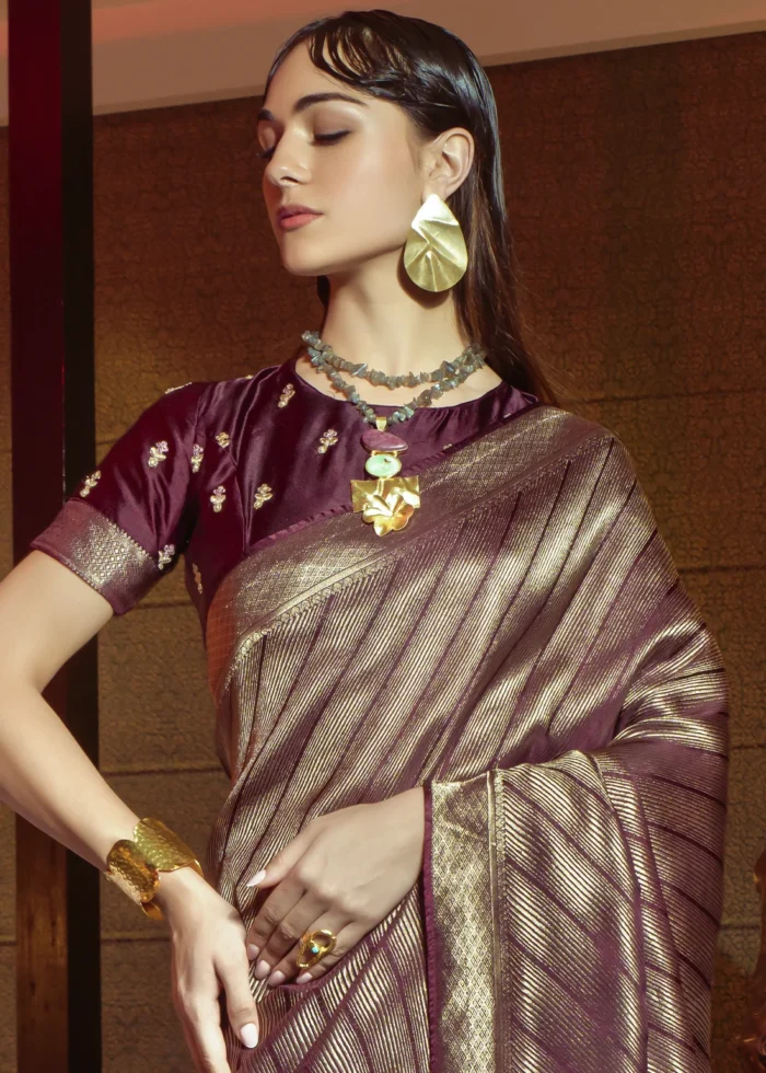 Burgundy Kanjivaram Satin Silk Saree with Pearl Work