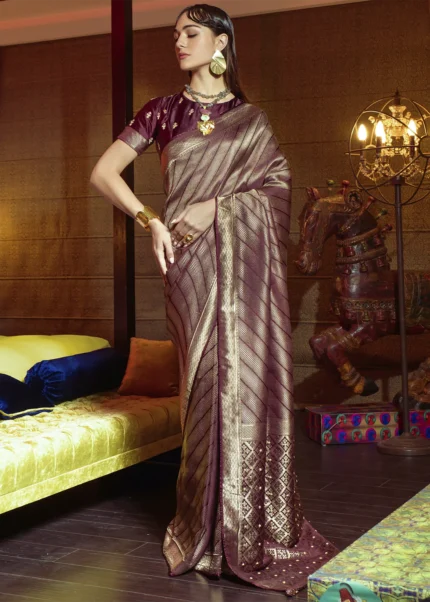 Burgundy Kanjivaram Satin Silk Saree with Pearl Work