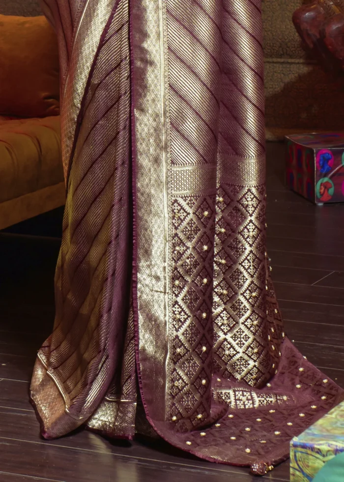 Burgundy Kanjivaram Satin Silk Saree with Pearl Work