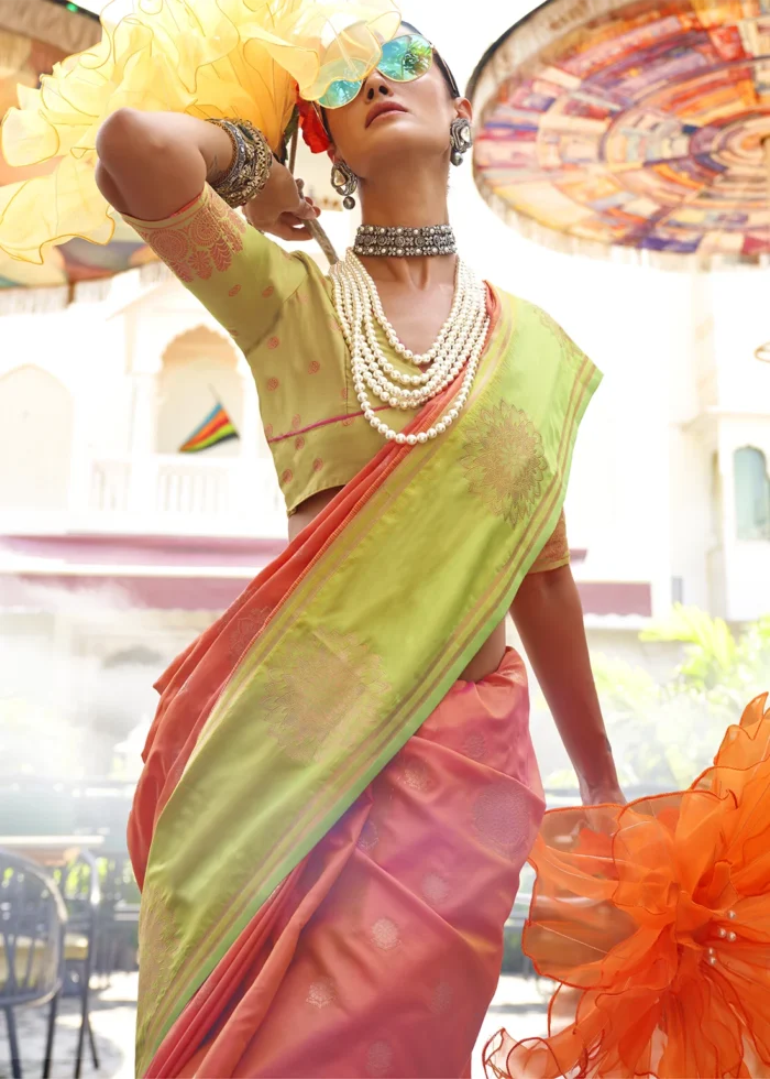 Coral Peach Banarasi Silk Saree