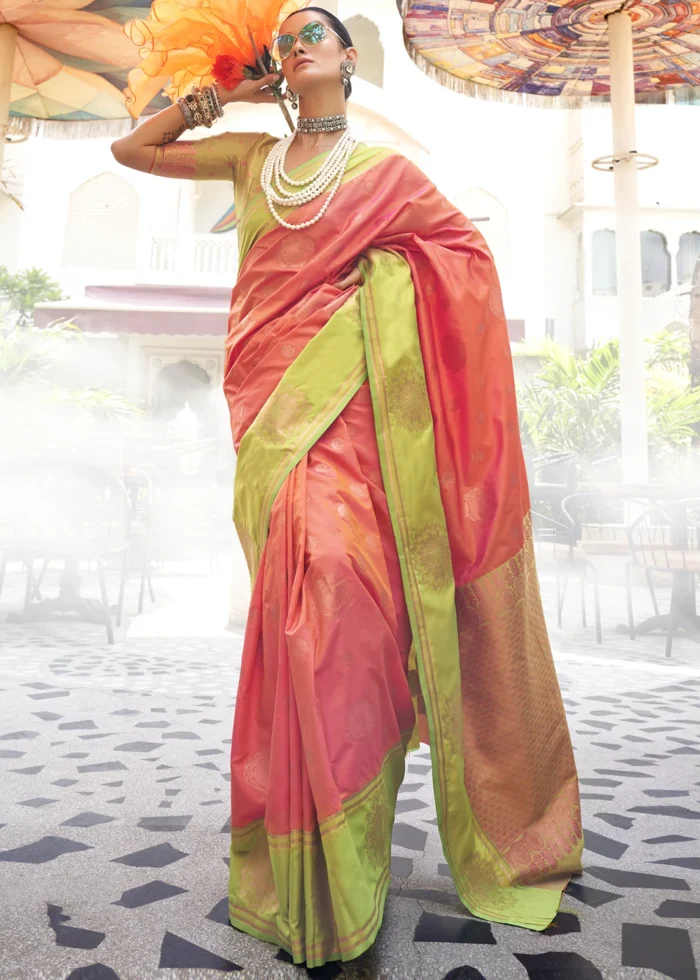 Coral Peach Banarasi Silk Saree