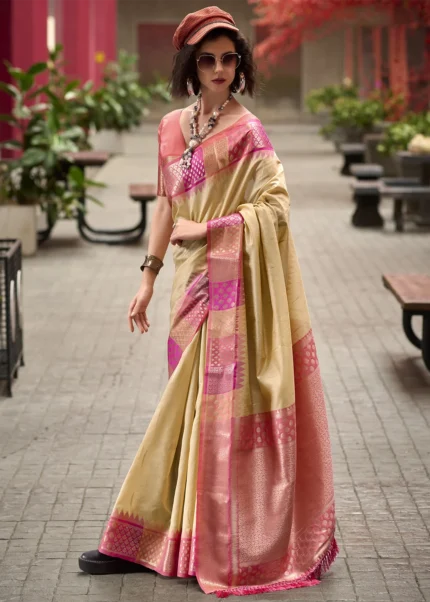 Cream Banarasi Silk Saree