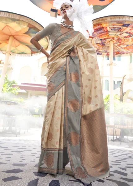 Cream Banarasi Silk Saree with Gray Blouse