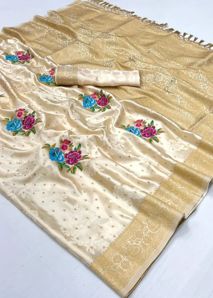 Cream Handloom Banarasi Saree with Meenakari Work