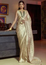 Cream Kanjivaram Satin Silk Saree with Pearl Work