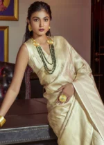 Cream Kanjivaram Satin Silk Saree with Pearl Work