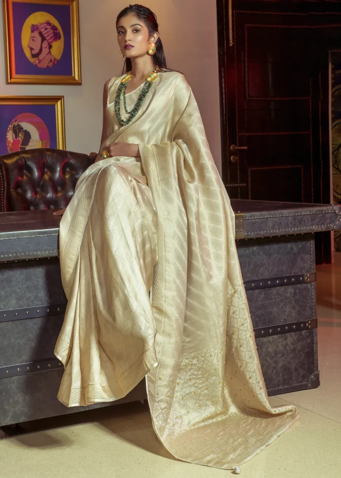 Cream Kanjivaram Satin Silk Saree with Pearl Work