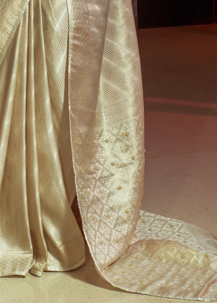 Cream Kanjivaram Satin Silk Saree with Pearl Work