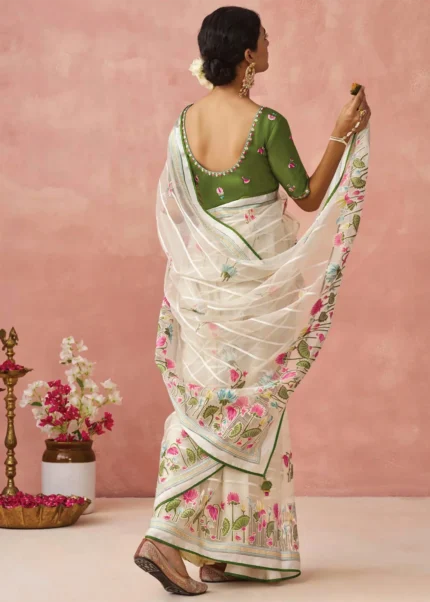 Cream Woven Organza Brasso Saree