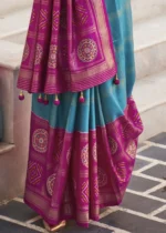 Cyan Blue Printed Patola Saree with Red Blouse