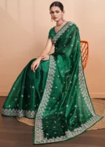 Dark Green Embroidered Chiffon Saree