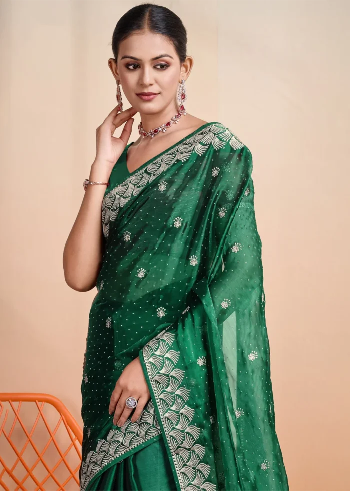 Dark Green Embroidered Chiffon Saree