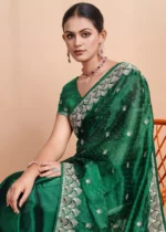 Dark Green Embroidered Chiffon Saree