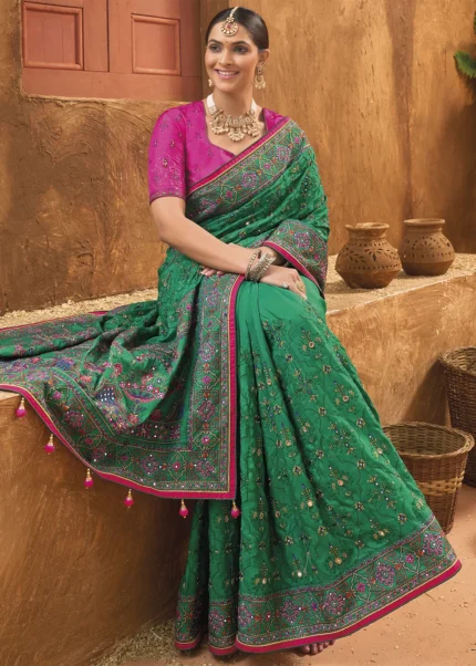 Dark Green Embroidered Saree with Kacchi Work