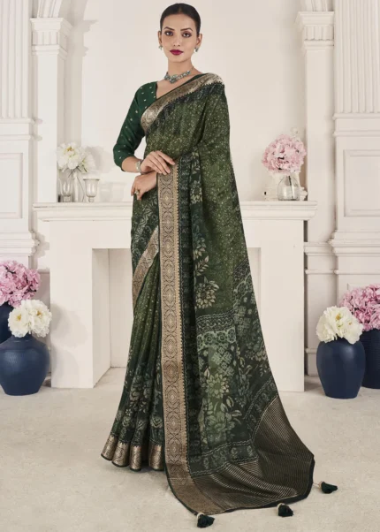 Dark Green Printed Silk Saree