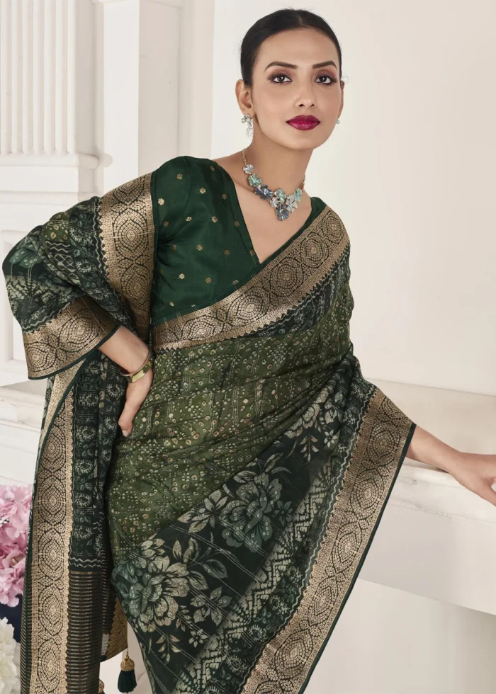 Dark Green Printed Silk Saree