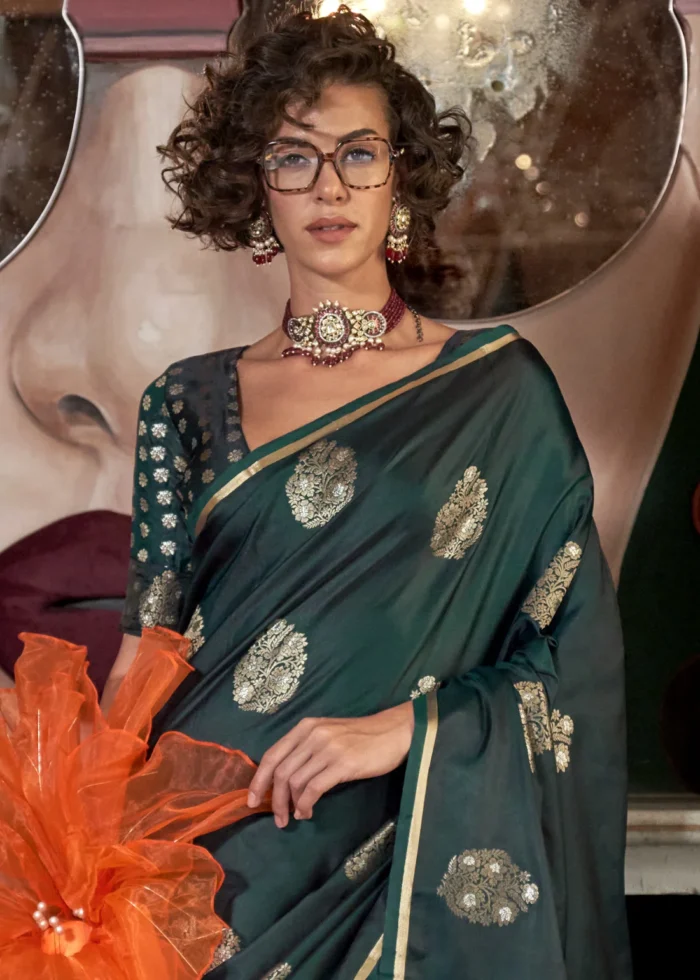 Emerald Green Banarasi Satin Saree with Brocade Blouse