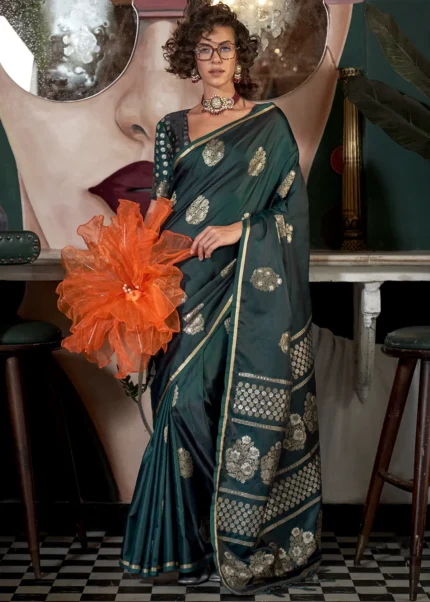 Emerald Green Banarasi Satin Saree with Brocade Blouse