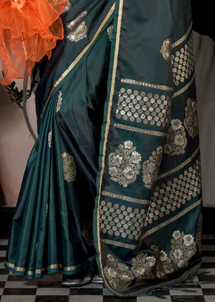 Emerald Green Banarasi Satin Saree with Brocade Blouse