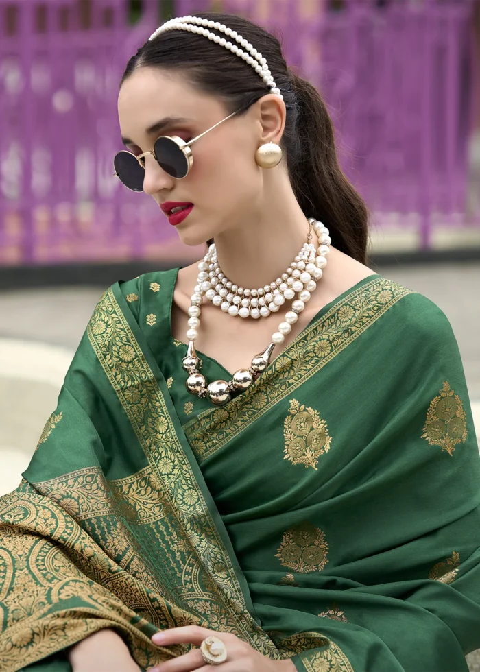 Genoa Green Banarasi Satin Silk Saree