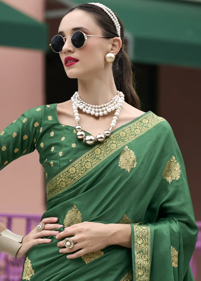 Genoa Green Banarasi Satin Silk Saree